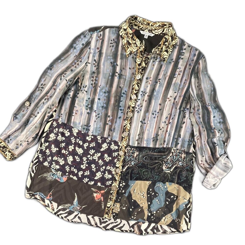 John Mark PM Mixed Print Patchwork Tunic Roll Tab Button Down Blouse Bird Artsy - Picture 13 of 14